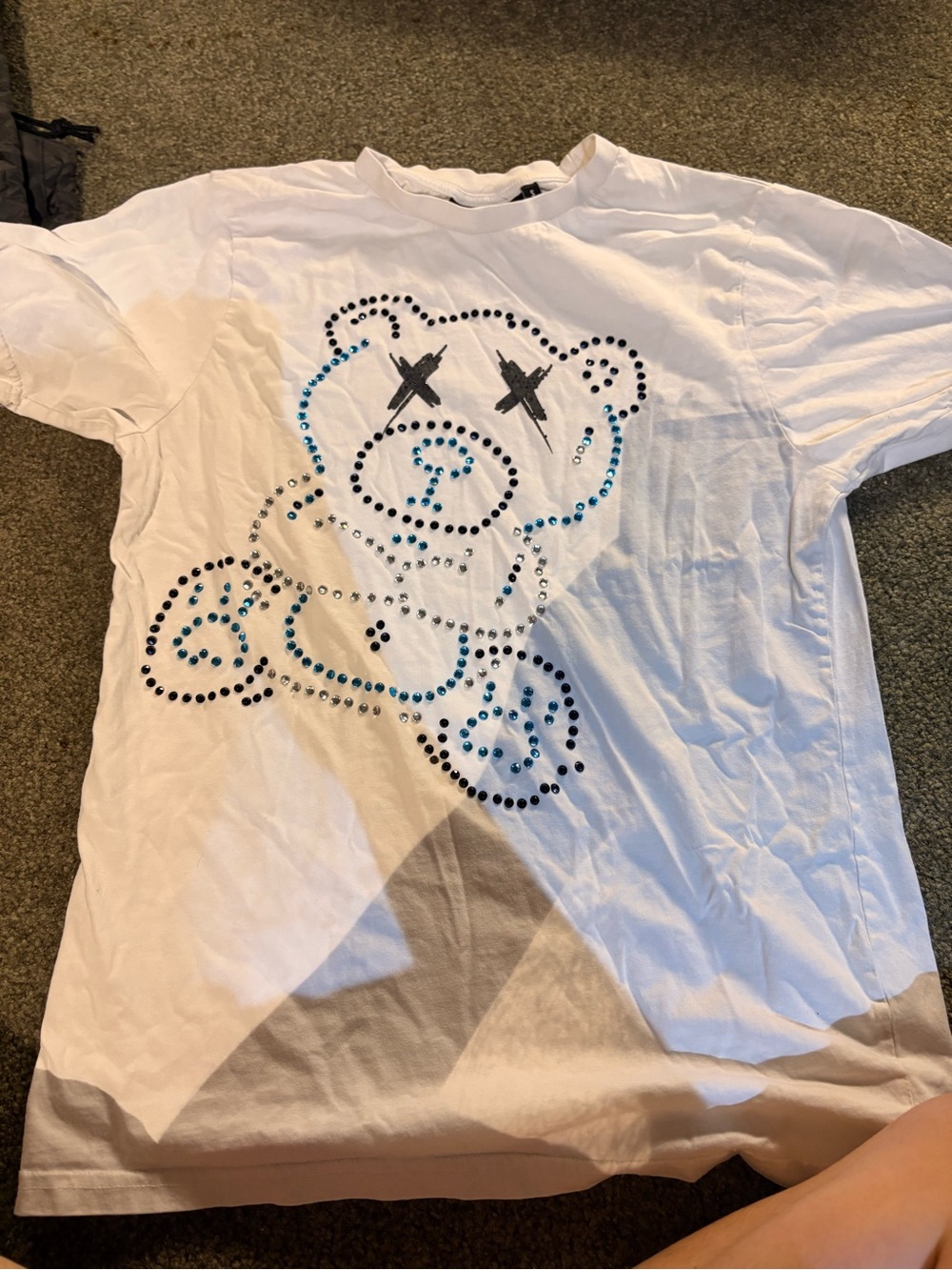 White Short-Sleeve Tee with Blue & Black Studded Teddy Graphic